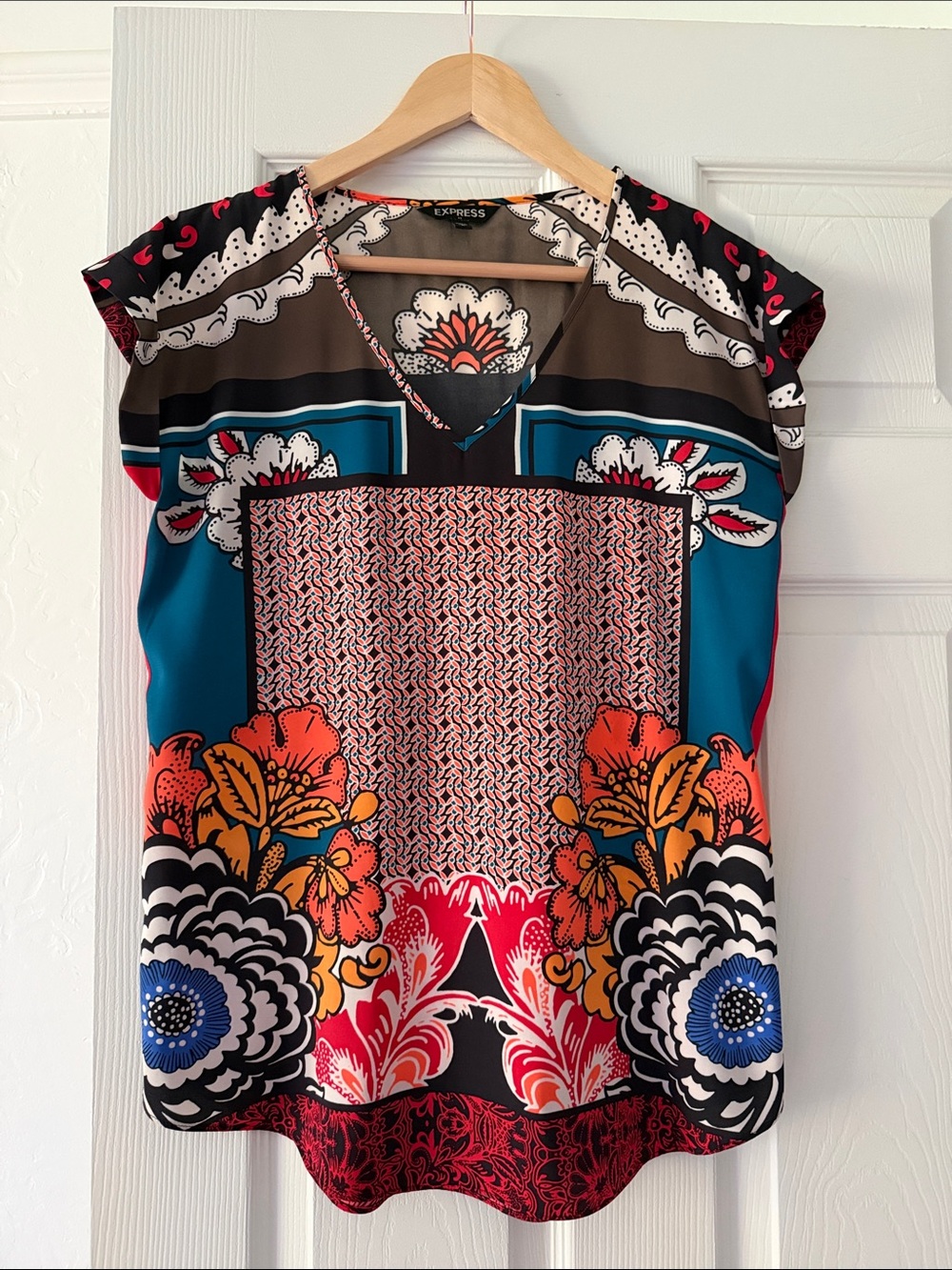 Express Multicolor Floral V-Neck Blouse — Black, Blue, Orange, Red, Brown